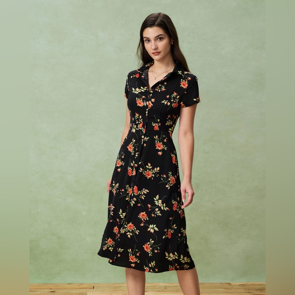 Rihoas Black Floral Button A-Line Midi Dress - Picture 3 of 8